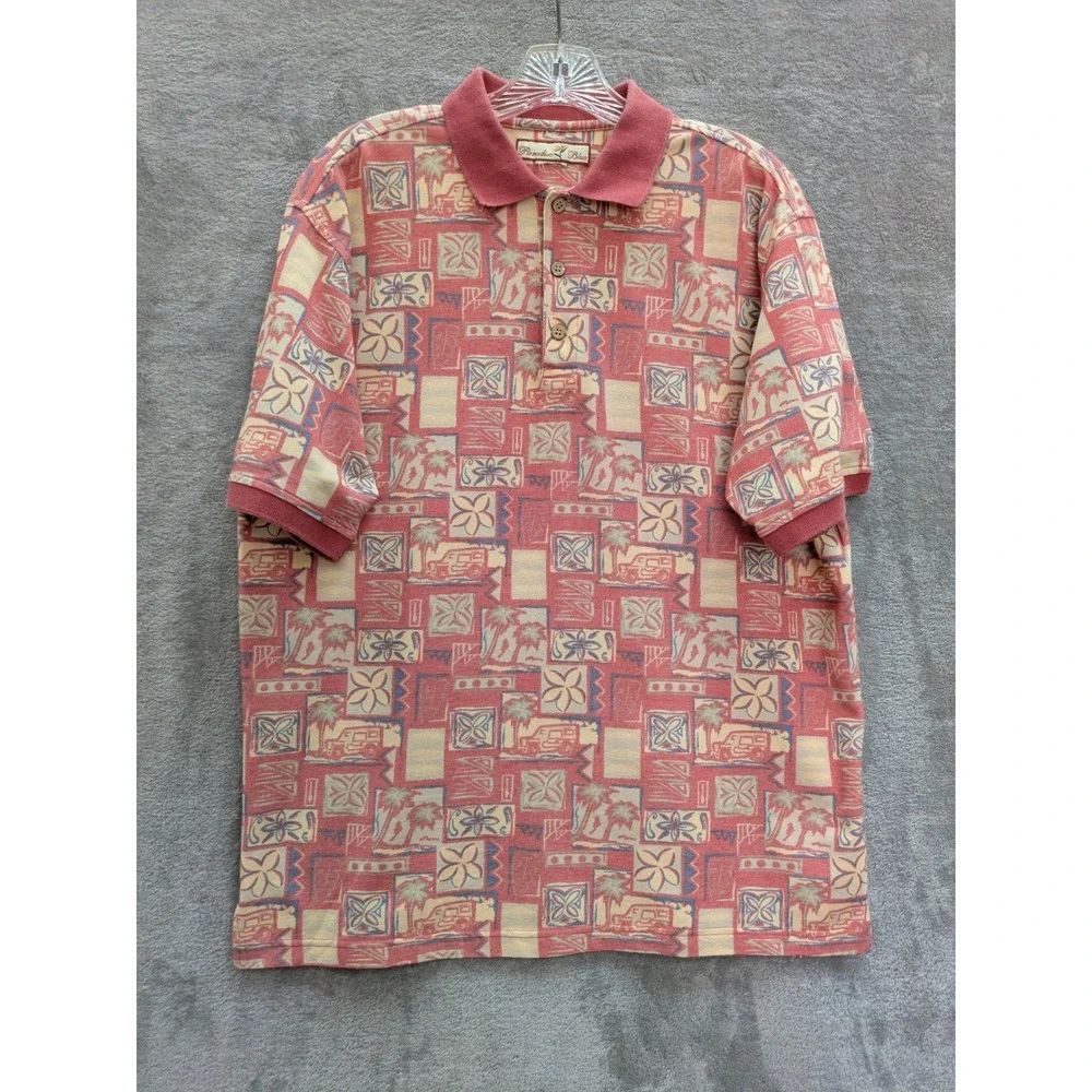 Tropical Geometric Polo Shirt Mens XL Red Palm‎ Tree Off Road Vehicle